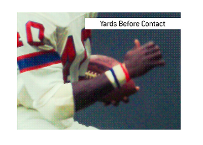 The meaning of the American football term Yards Before Contact is explained and discussed, with an example provided.  What is it?  In photo:  New England Patriots player on the go.