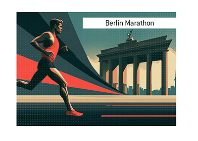 Retro-style Berlin Marathon illustration featuring a runner in red with the Brandenburg Gate and Berlin skyline in the background.