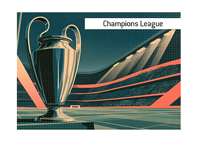 Retro-style illustration of the UEFA Champions League trophy beside a football pitch, with packed stadium stands and floodlights in the background.  Bet on the UCL.