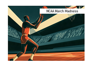 Retro-style NCAA March Madness illustration of a college basketball player in an orange uniform shooting toward the hoop in a packed arena.  Bet on March Madness!