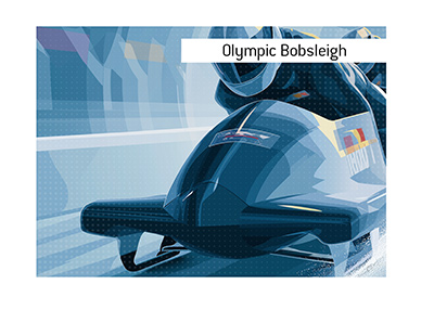 Vector-style Olympic four-man bobsleigh team racing through an icy track curve at high speed.  Bet on the event.