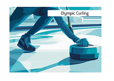 Vector-style Olympic curler in deep delivery pose releasing stone on polished rink with house rings ahead.  Bet on it.