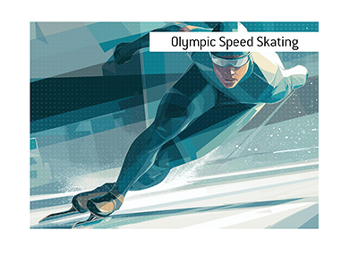 Vector-style Olympic speed skater leaning into a high-speed corner on reflective ice surface.  Bet on the event.