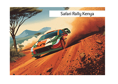 Vector-style Safari Rally Kenya WRC car drifting on red dirt with massive dust plume, flying gravel and African savanna backdrop.  Bet on it!