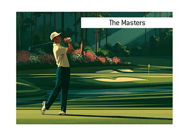 Retro-style Masters illustration of a golfer finishing an iron shot at Augusta National, with a creek, sand bunkers and flowering azaleas in the background.