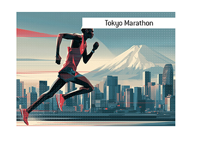 Bet on the Tokyo Marathon - Vector-style runner in mid-stride with Mount Fuji and Tokyo skyline in the background at sunrise.