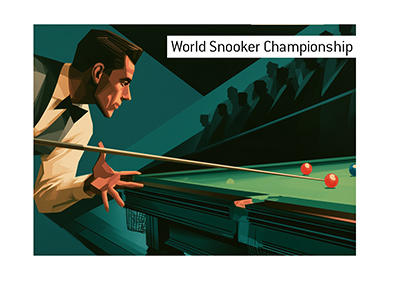 A snooker player in a waistcoat is lining up a shot.  Bet on the World Snooker Championship!