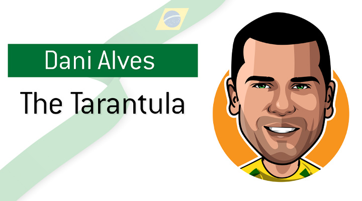 Profile illustration of Brazilian right back Dani Alves, known also as The Tarantula. Football / Soccer.