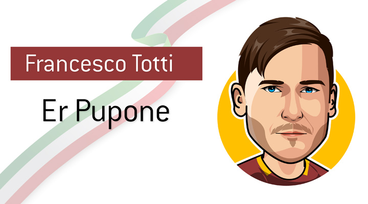 Legendary life-long AS Roma player, Francesco Totti, also known as the Big Kid - Er Pupone. - Profile illustration. Nickname.
