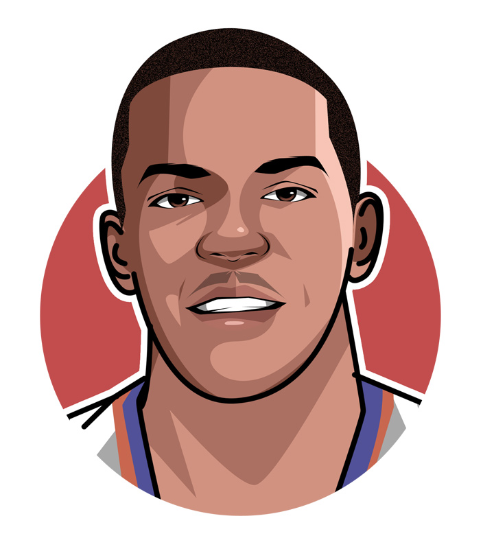 Profile illustration of basketball player Joe Dumars, who played for the Pistons in the 80s and 90s.  His nickname was Joe D.  He was also called The Silent Killer.