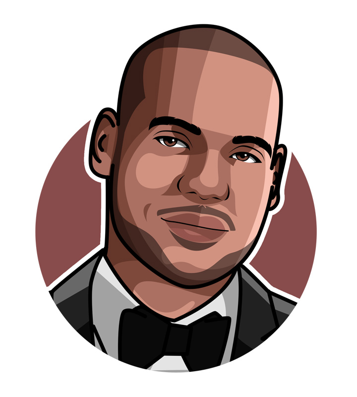 LeBron James, nicknamed King James, is illustrated. He is wearing a dark suit and a bow tie. One of the best of all time. Profile Drawing. Art.