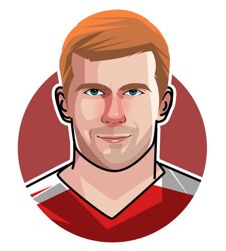 The English footballer and Manchester United star - Paul Scholes aka Scholesy and Ginger Ninja - Player illustration.  Profile art.  Drawing.