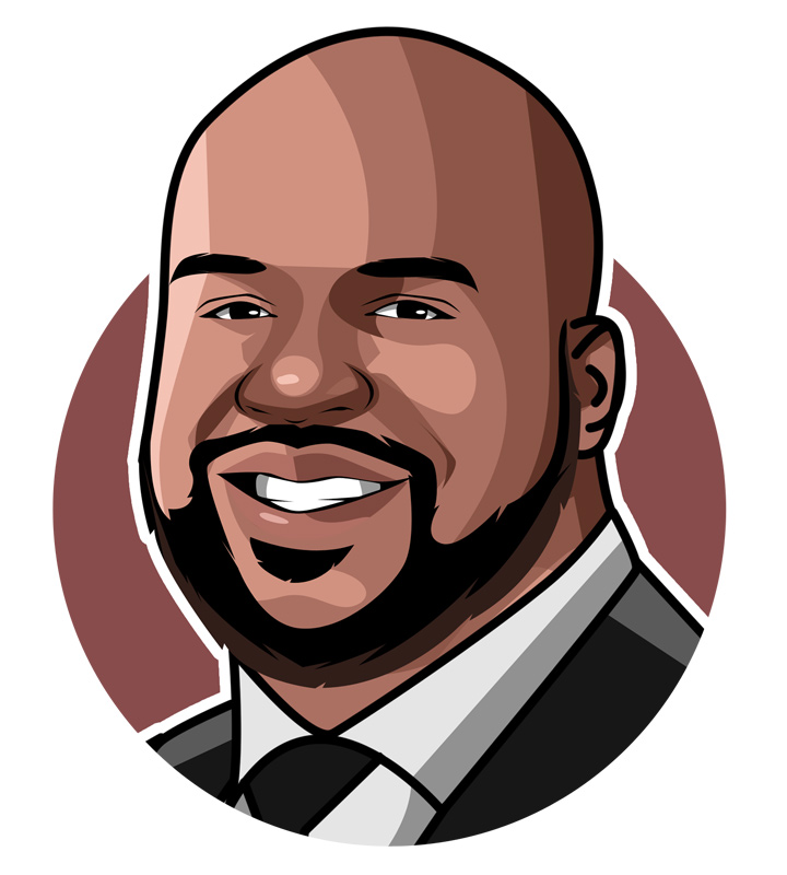 Shaquille ONeal sporting a suit and tie.  Illustration.  Profile drawing.  Art.  The Diesel.