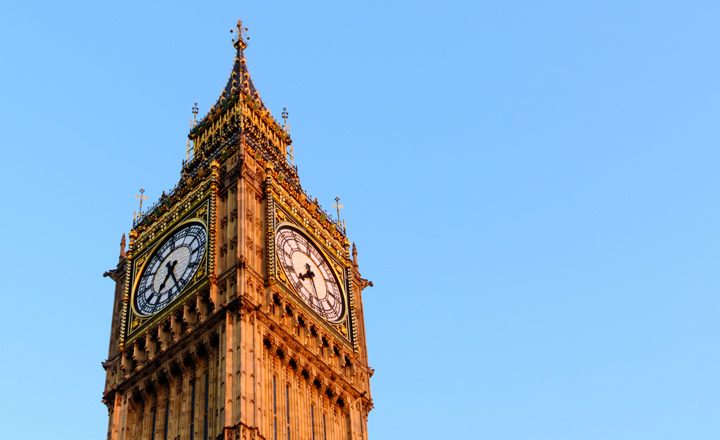 The Big Ben in London photographed from frog eye perspective on a sunny day.