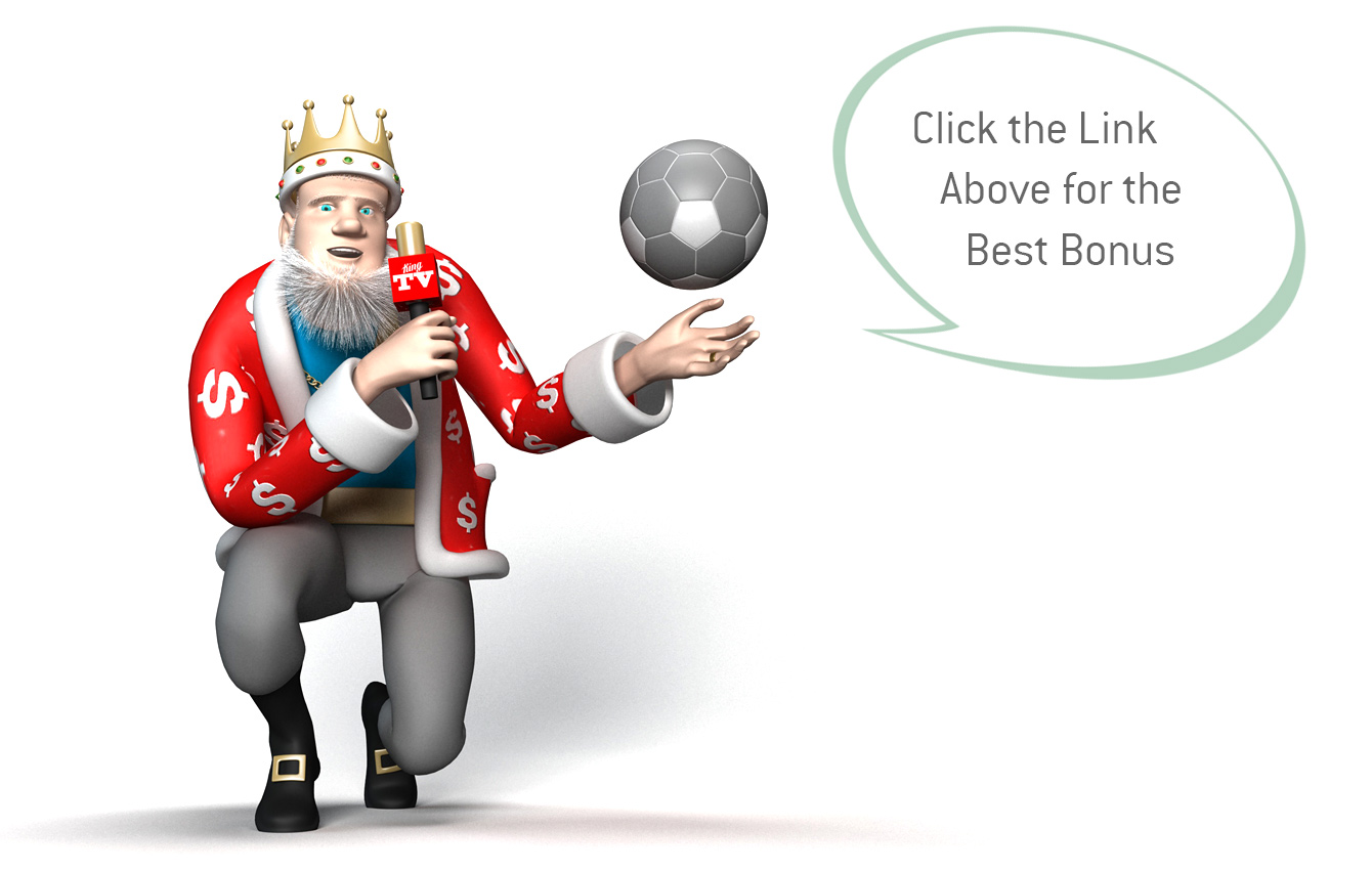 The King is holding a football in one hand and a mic in the other, while reporting on the English Premier League odds and betting.