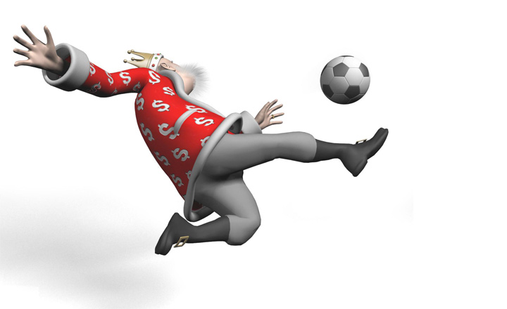 The Football King is photographed in mid air while performing a clean scizzor kick.