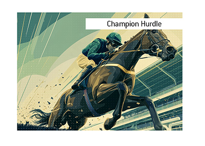 Vector-style Champion Hurdle racehorse and jockey clearing a turf hurdle with flying debris and grandstand backdrop at Cheltenham Festival.  Bet on it!