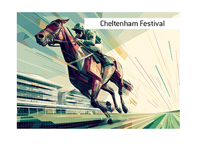 Vector-style Cheltenham Festival racehorse and jockey sprinting at full speed past the grandstand with dynamic motion lines and turf spray.  Bet on the race.